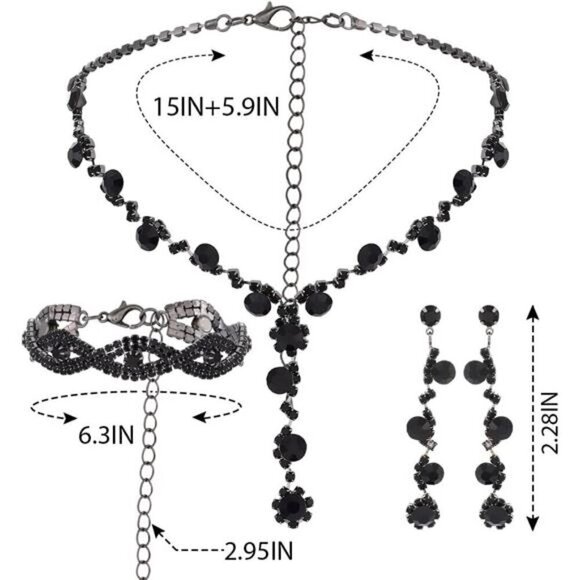 3 Piece Rhinestone Jewelry Set Black Necklace Bracelet and Earrings Wedding - Picture 4 of 6